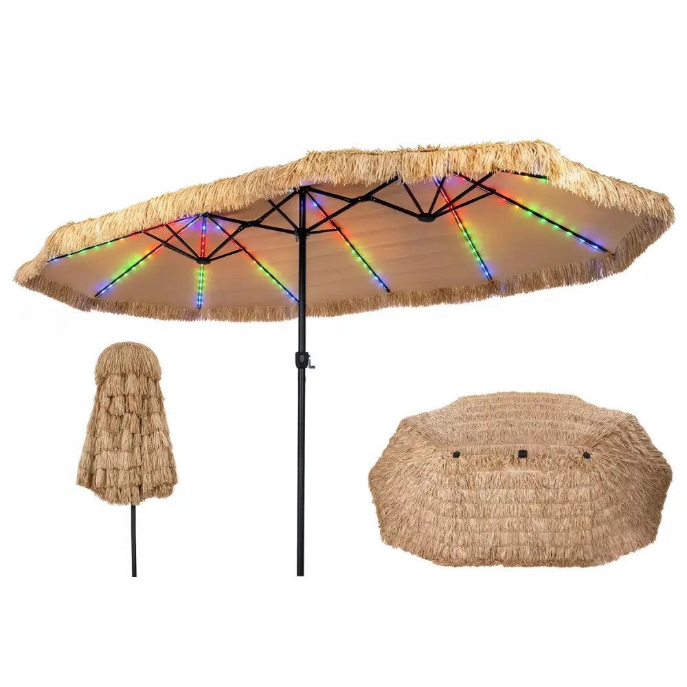 15 x 9 FT Solar Double-sided Patio Umbrella with 144 Multi-colored Flowing Lights 12 Modes and 12 Ribs-Brown - Brown