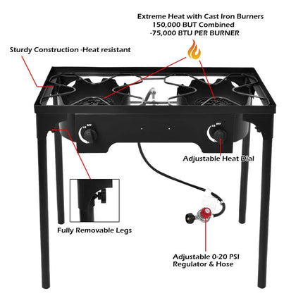 150 000 BTU Double Burner Outdoor Stove BBQ Grill - Black - Outdoor Grills