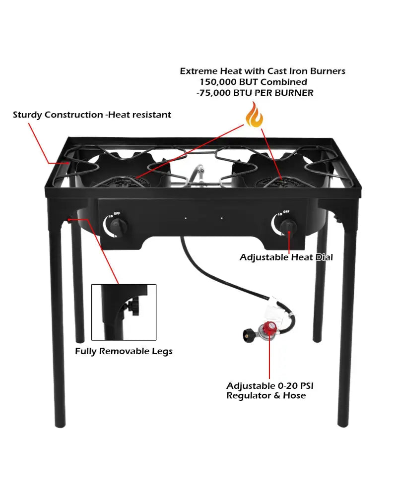150 000 BTU Double Burner Outdoor Stove BBQ Grill - Black - Outdoor Grills
