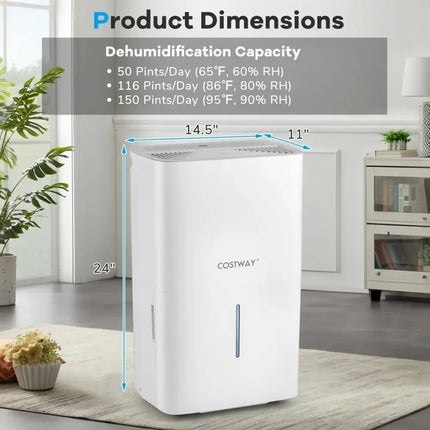 150 Pints Dehumidifier with 24H Timer and LED Display-White Costway