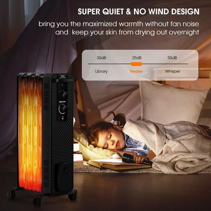 1500 W Oil - Filled Heater Portable Radiator Space Heater with Adjustable Thermostat - Black - Oasis Home Essentials