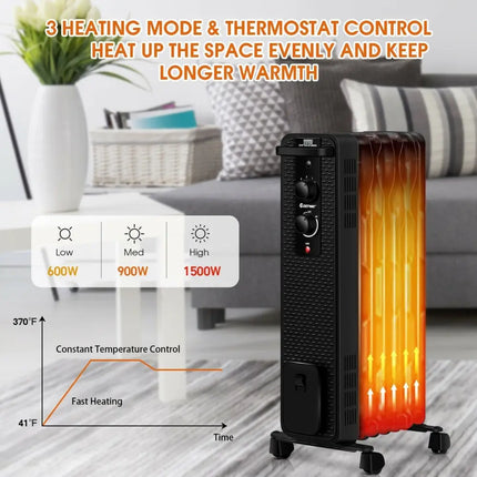 1500 W Oil - Filled Heater Portable Radiator Space Heater with Adjustable Thermostat - Black - Oasis Home Essentials