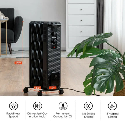 1500 W Oil - Filled Heater Portable Radiator Space Heater with Adjustable Thermostat - Black - Oasis Home Essentials