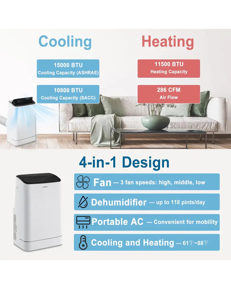 15000 BTU Portable Air Conditioner with APP Control and Heat - White - Portable Air Conditioners
