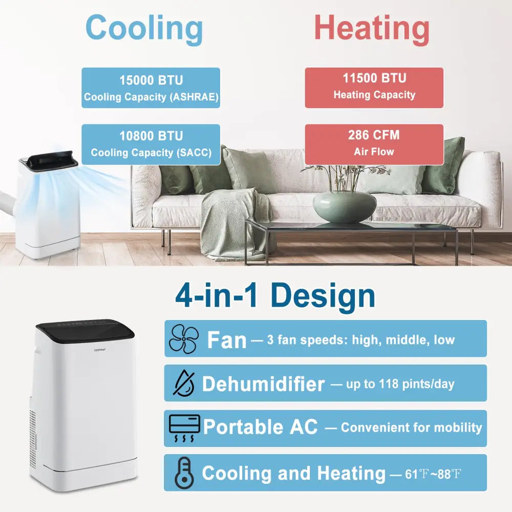 15000 BTU Portable Air Conditioner with APP Control and Heat - White - Portable Air Conditioners