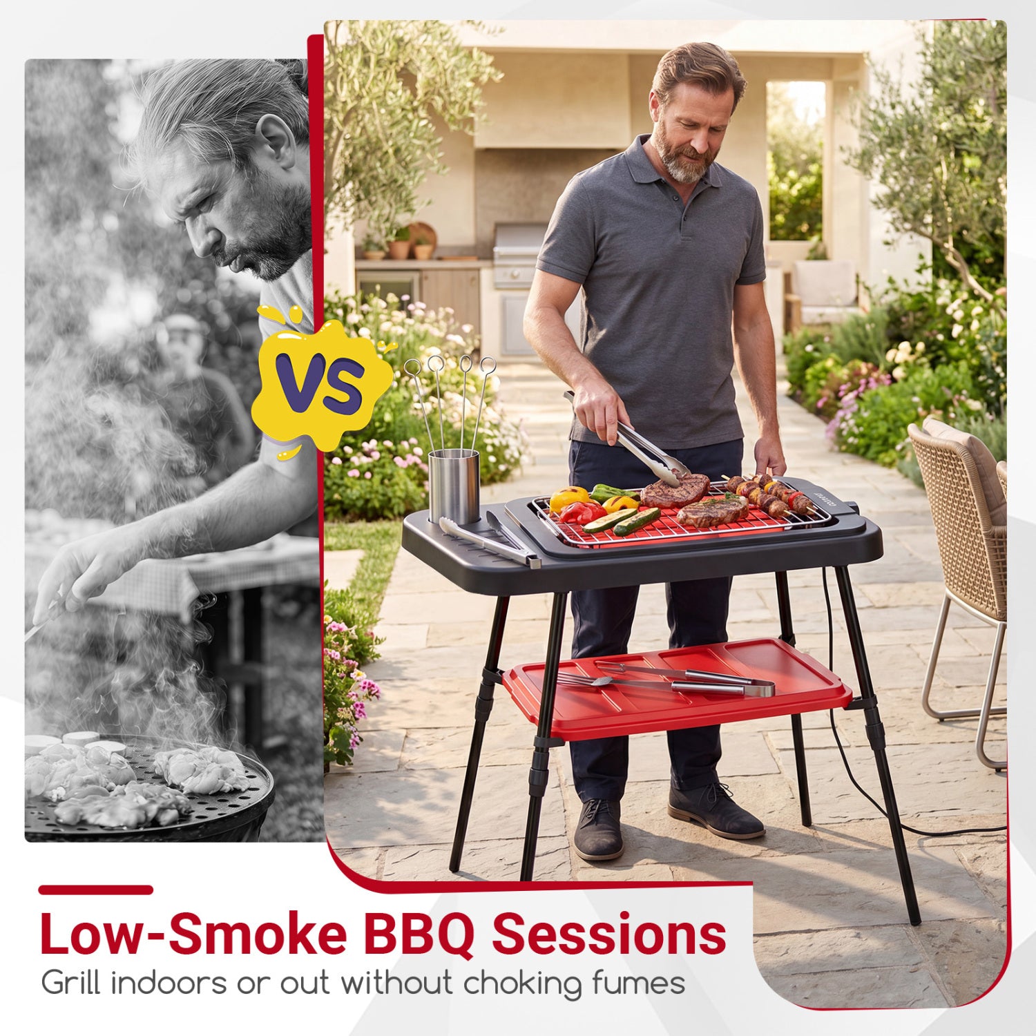 1500W 2-in-1 Electric Grill with Detachable Stand and Dual Plates for Balcony-Red