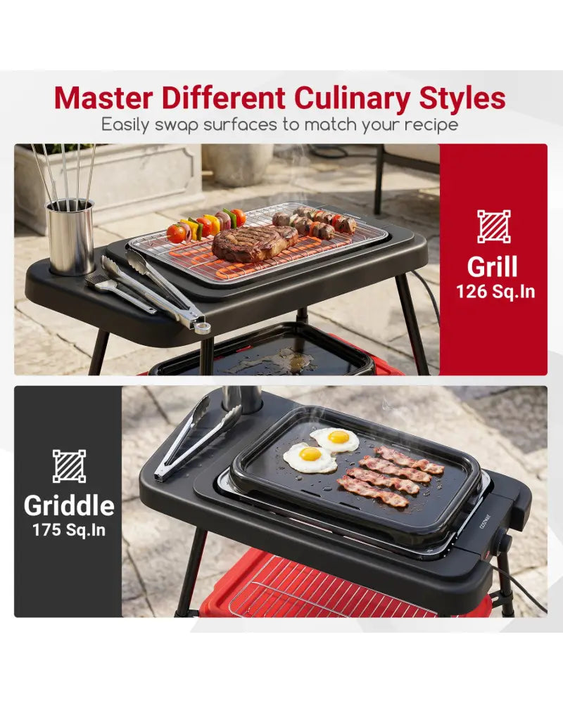 1500W 2-in-1 Electric Grill with Detachable Stand and Dual Plates for Balcony-Red - Red - Outdoor Grills