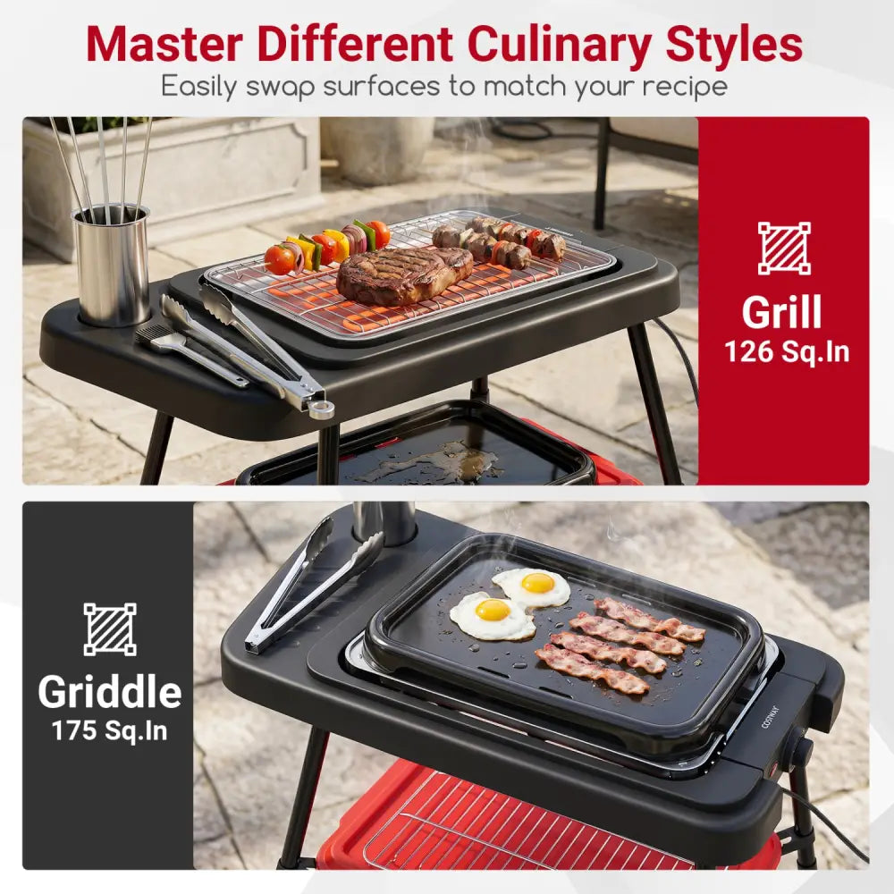 1500W 2-in-1 Electric Grill with Detachable Stand and Dual Plates for Balcony-Red - Red - Outdoor Grills
