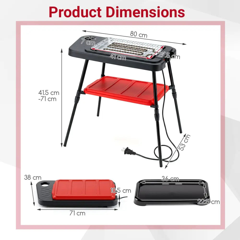 1500W 2-in-1 Electric Grill with Detachable Stand and Dual Plates for Balcony-Red - Red - Outdoor Grills
