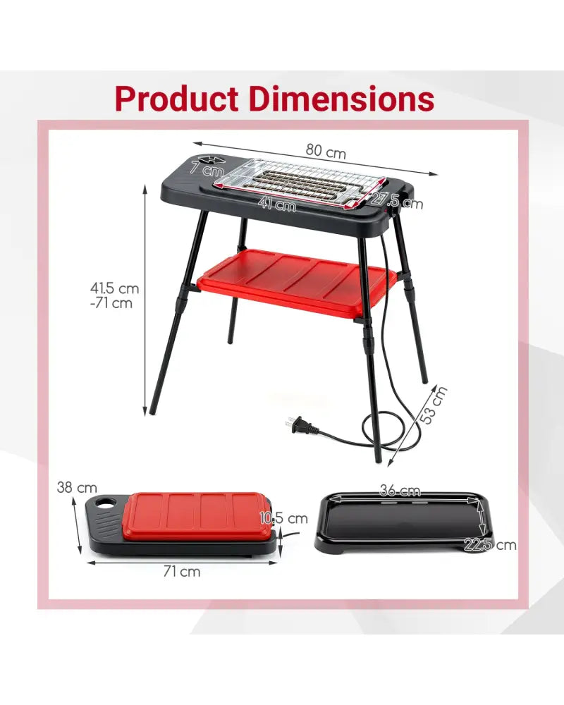1500W 2-in-1 Electric Grill with Detachable Stand and Dual Plates for Balcony-Red - Red - Outdoor Grills
