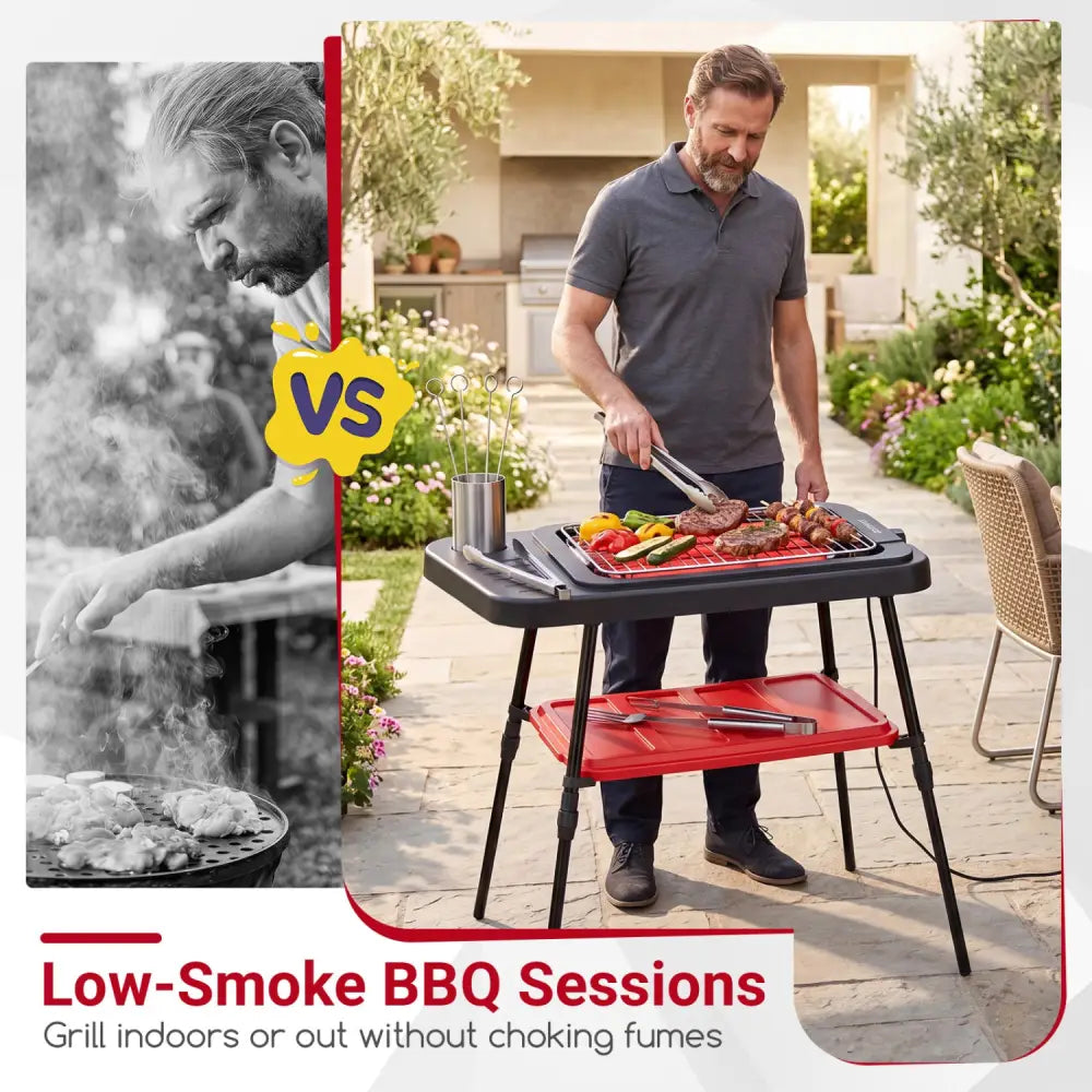1500W 2-in-1 Electric Grill with Detachable Stand and Dual Plates for Balcony-Red - Red - Outdoor Grills