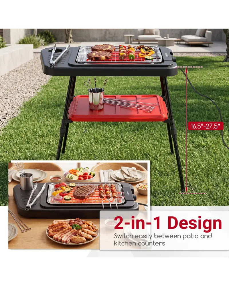 1500W 2-in-1 Electric Grill with Detachable Stand and Dual Plates for Balcony-Red - Red - Outdoor Grills