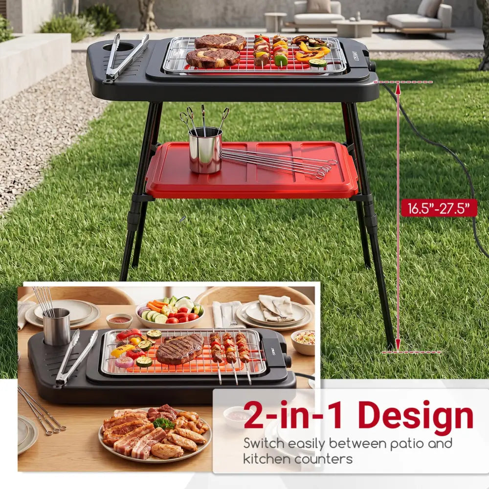 1500W 2-in-1 Electric Grill with Detachable Stand and Dual Plates for Balcony-Red - Red - Outdoor Grills