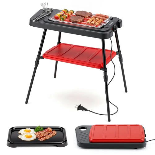 1500W 2-in-1 Electric Grill with Detachable Stand and Dual Plates for Balcony-Red - Red - Outdoor Grills