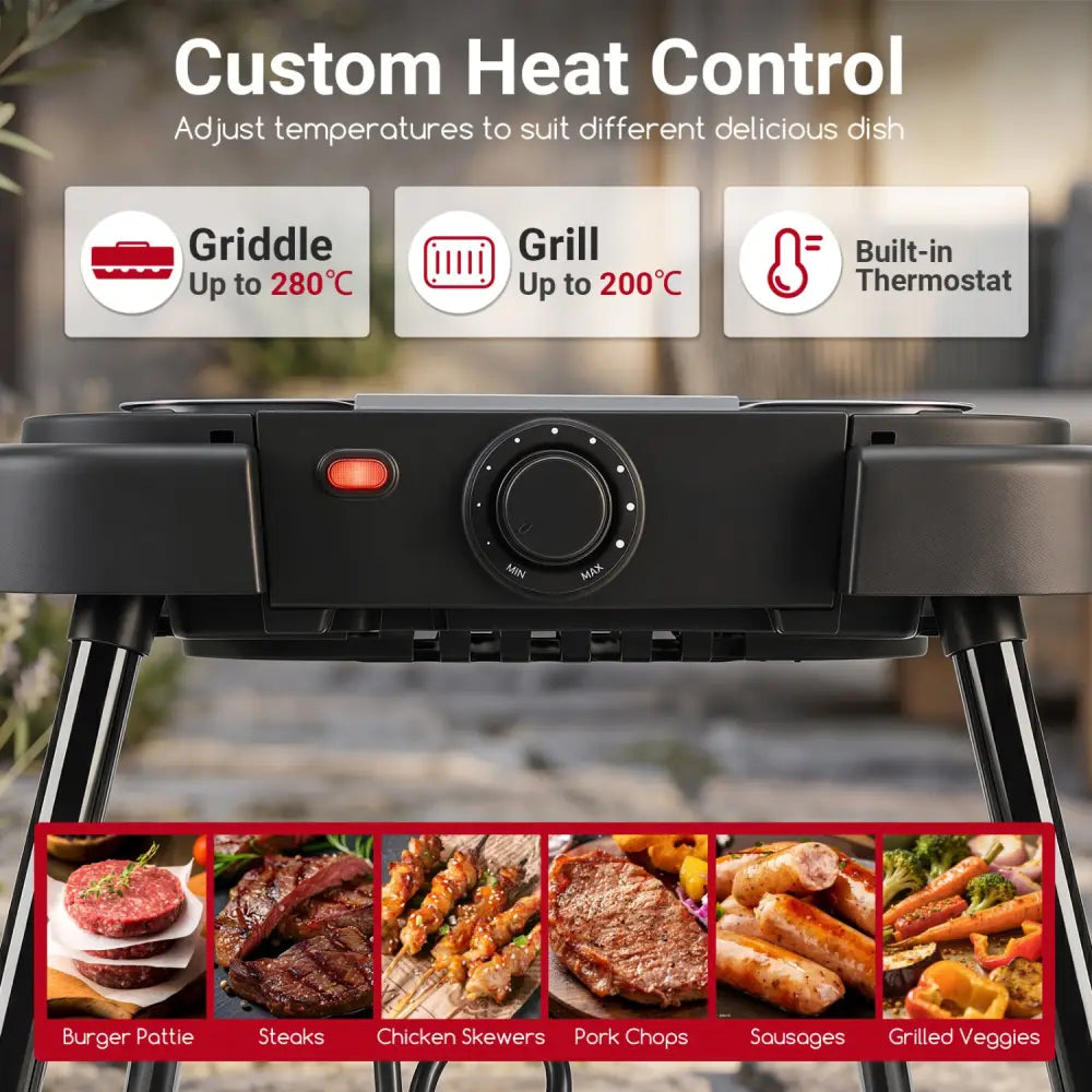 1500W 2-in-1 Electric Grill with Detachable Stand and Dual Plates for Balcony-Red - Red - Outdoor Grills