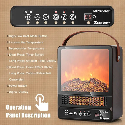 1500W Electric Fireplace Tabletop Portable Space Heater with 3D Flame Effect-Walnut Costway