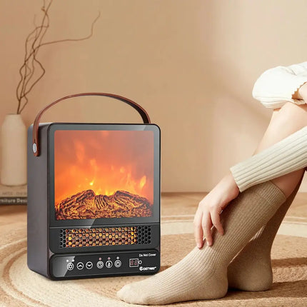 Portable electric fireplace heater with a person wearing socks near it.