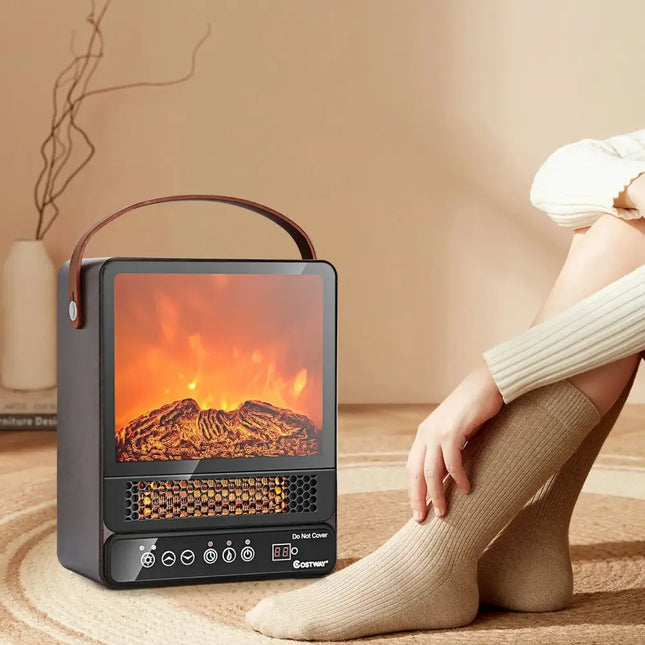 Portable electric fireplace heater with a person wearing socks near it.