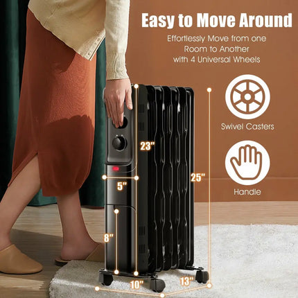 1500W Oil Filled Portable Radiator Space Heater with Adjustable Thermostat - Black - Oasis Home Essentials