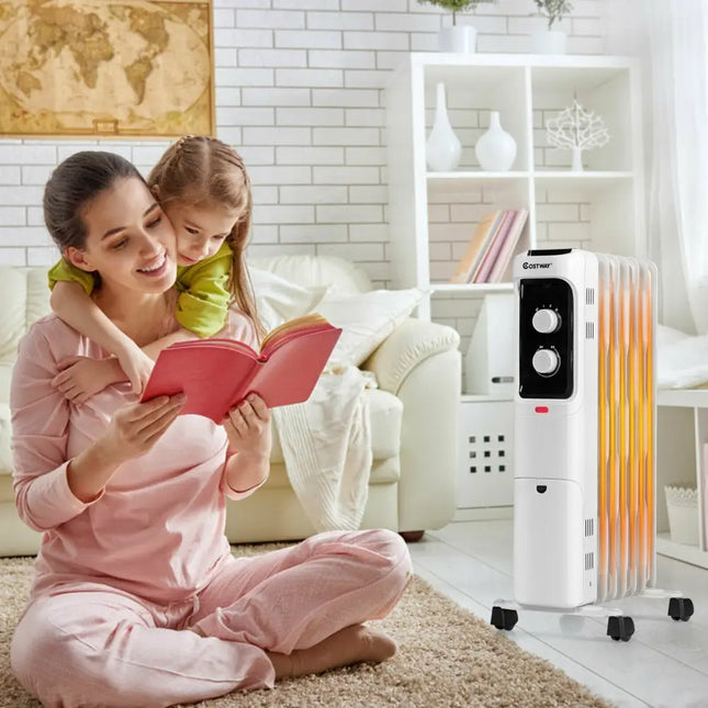 1500W Oil Filled Portable Radiator Space Heater with Adjustable Thermostat - White - Oasis Home Essentials