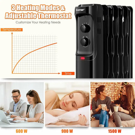 1500W Oil Filled Portable Radiator Space Heater with Adjustable Thermostat - Black - Oasis Home Essentials