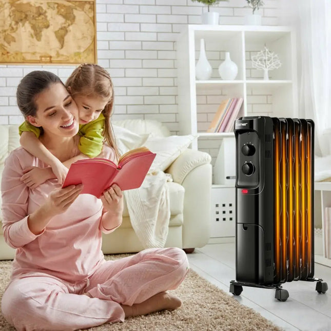 1500W Oil Filled Portable Radiator Space Heater with Adjustable Thermostat - Black - Oasis Home Essentials