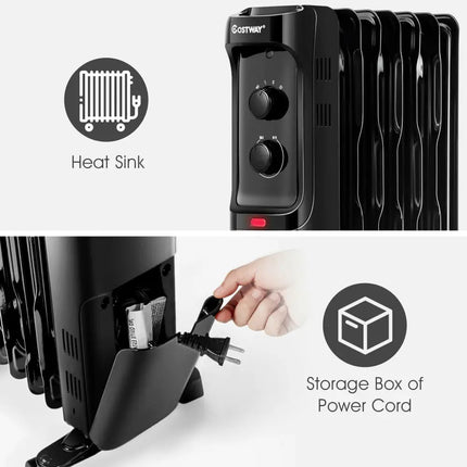 1500W Oil Filled Portable Radiator Space Heater with Adjustable Thermostat - Black - Oasis Home Essentials