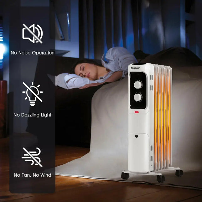 1500W Oil Filled Portable Radiator Space Heater with Adjustable Thermostat - White - Oasis Home Essentials
