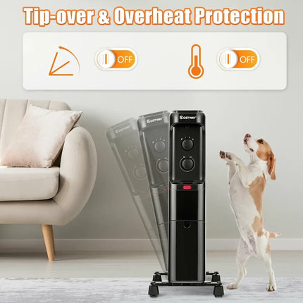 1500W Oil Filled Portable Radiator Space Heater with Adjustable Thermostat - Black - Oasis Home Essentials
