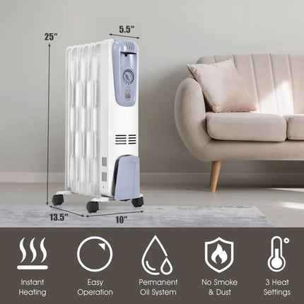 1500W Oil Filled Radiator with Thermostat and 4 Bottom Wheels - Oasis Home Essentials