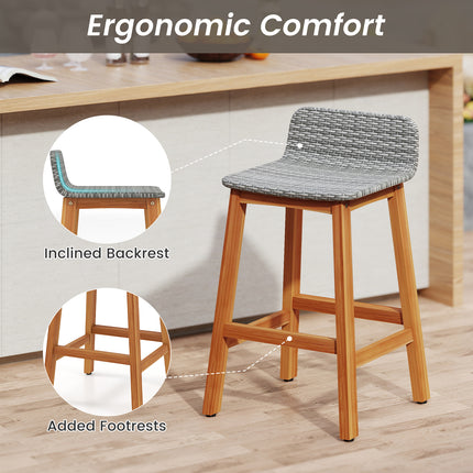 Solid Acacia Wood Bar Stools Set of 2 with Backrests and Footrests for Porch-Gray