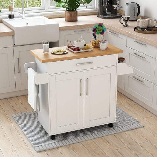 Rolling Kitchen Island Cart with Towel and Spice Rack-White