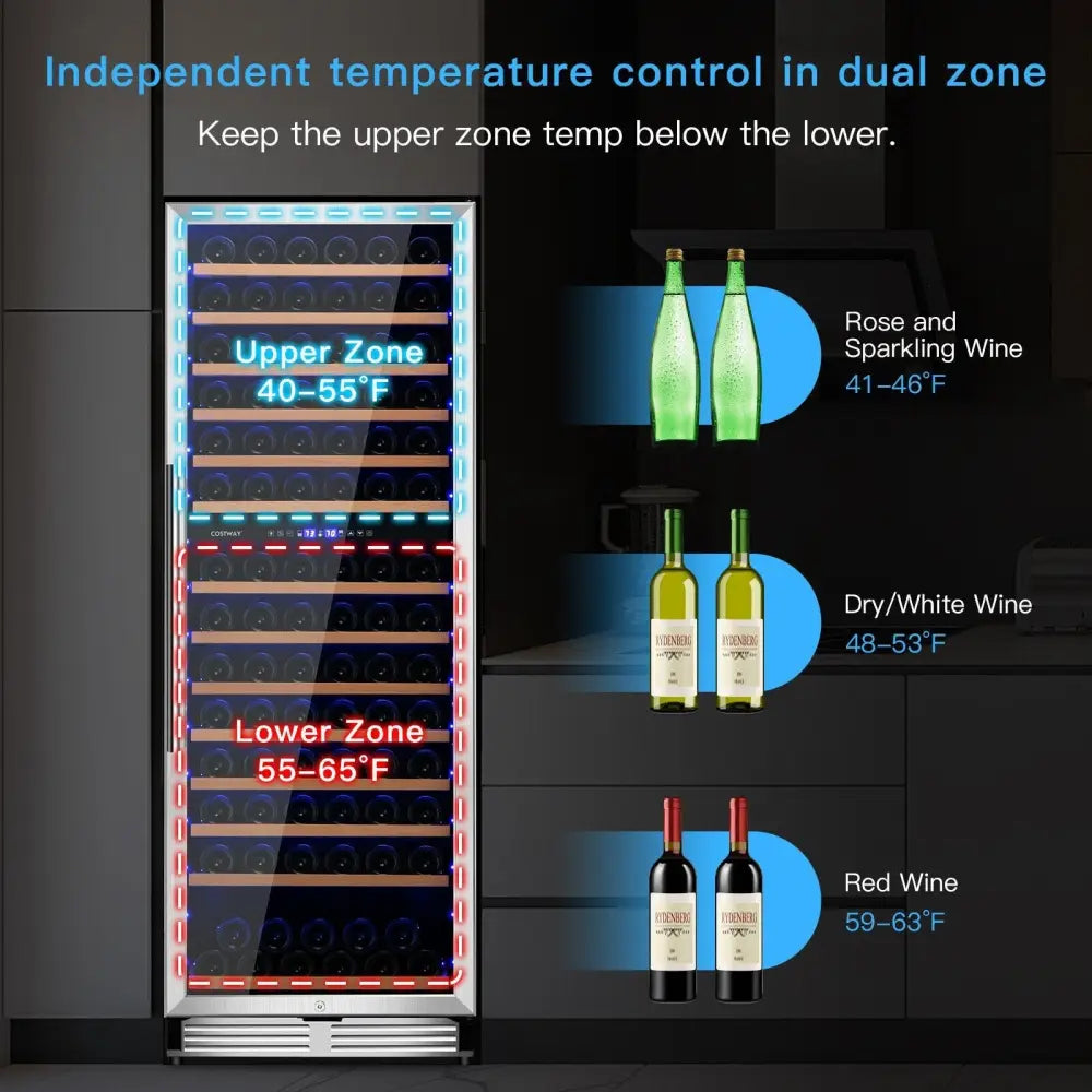 154 - Bottle Freestanding Wine Cooler Refrigerator Dual Zone Wine Cellar with Dual Temperature Control - Silver - Oasis Home Essentials