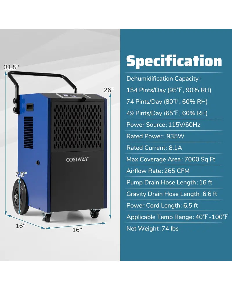 154 Pints Commercial Dehumidifier with Pump and Drain Hoses-Blue - Blue - Dehumidifiers