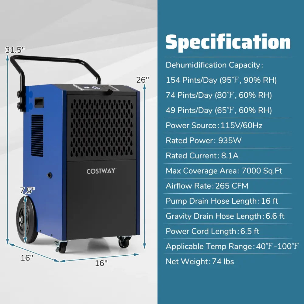 154 Pints Commercial Dehumidifier with Pump and Drain Hoses-Blue - Blue - Dehumidifiers