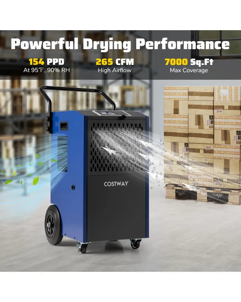 154 Pints Commercial Dehumidifier with Pump and Drain Hoses-Blue - Blue - Dehumidifiers