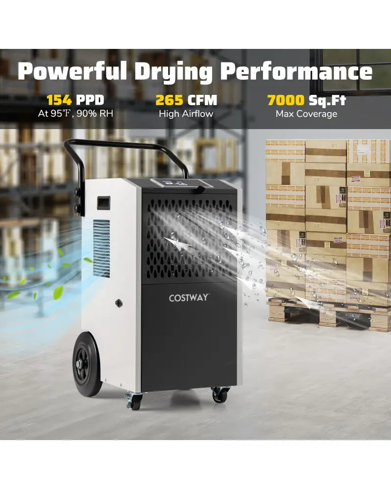 154 Pints Commercial Dehumidifier with Pump and Drain Hoses-White - White - Dehumidifiers