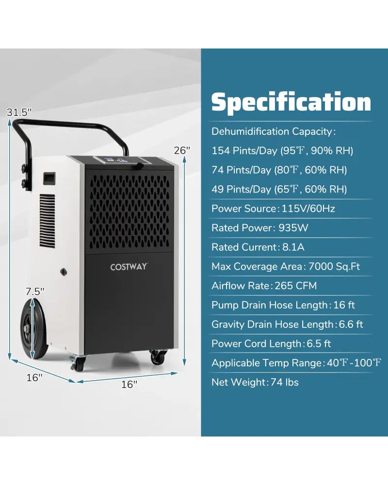 154 Pints Commercial Dehumidifier with Pump and Drain Hoses-White - White - Dehumidifiers