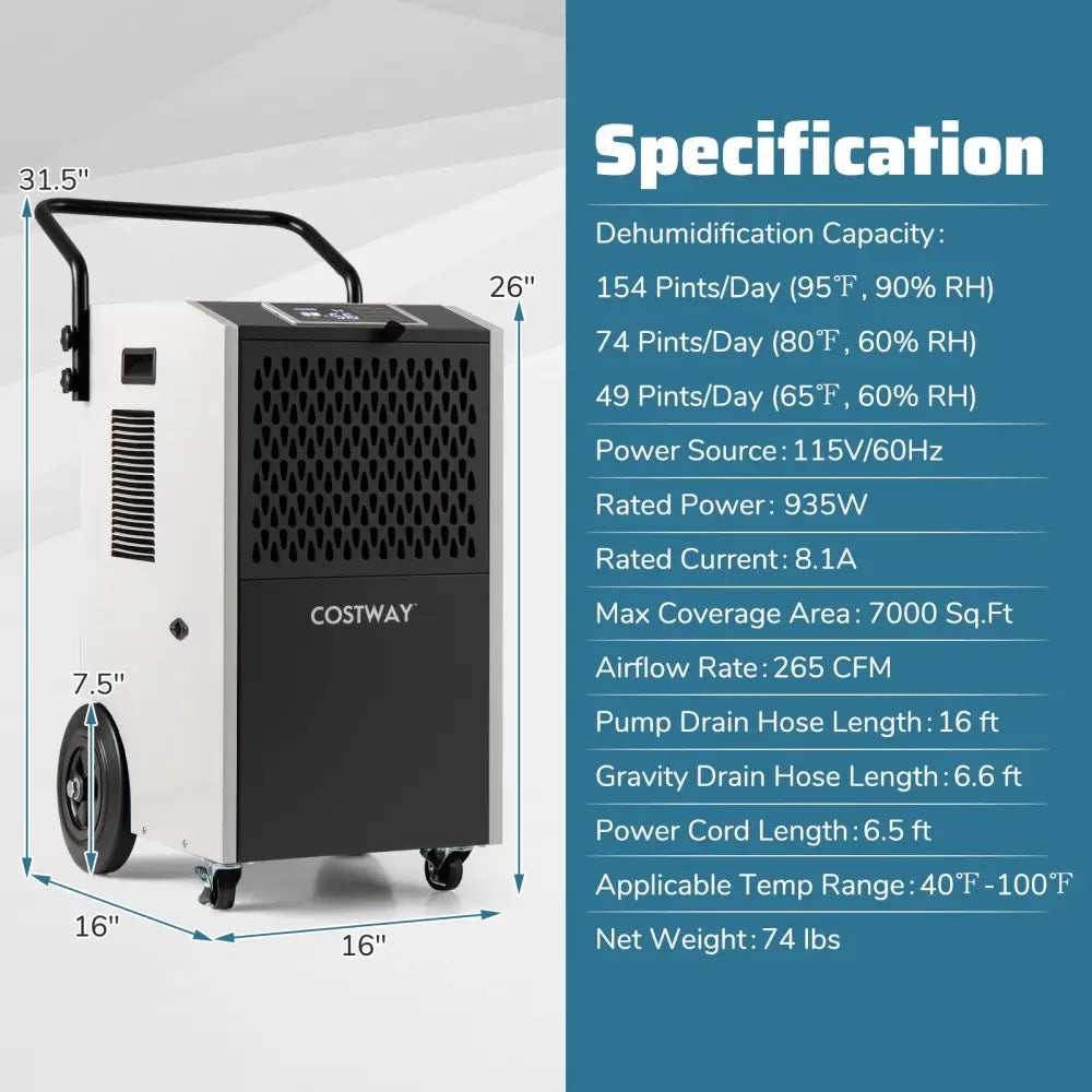 154 Pints Commercial Dehumidifier with Pump and Drain Hoses-White - White - Dehumidifiers