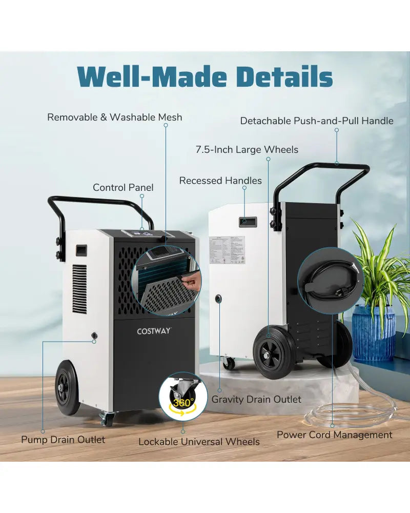 154 Pints Commercial Dehumidifier with Pump and Drain Hoses-White - White - Dehumidifiers