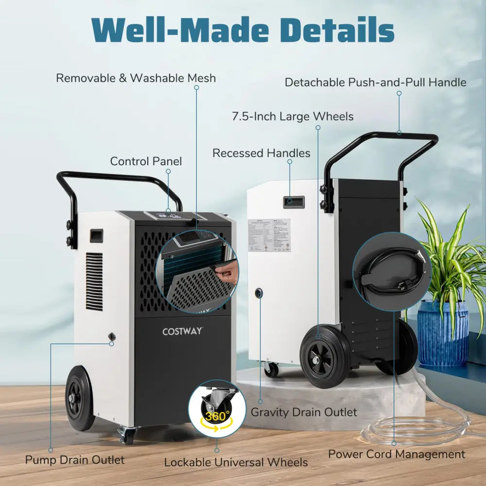 154 Pints Commercial Dehumidifier with Pump and Drain Hoses-White - White - Dehumidifiers
