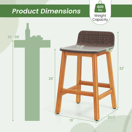 Solid Acacia Wood Bar Stools Set of 2 with Backrests and Footrests for Porch-Brown