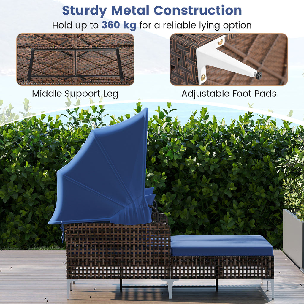 Outdoor Daybed with Retractable Canopy PE Wicker Rattan Patio Lounger-Navy