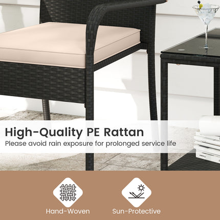 3 Piece Patio Furniture Set with Seat Cushions and Tempered Glass Tabletop-Beige