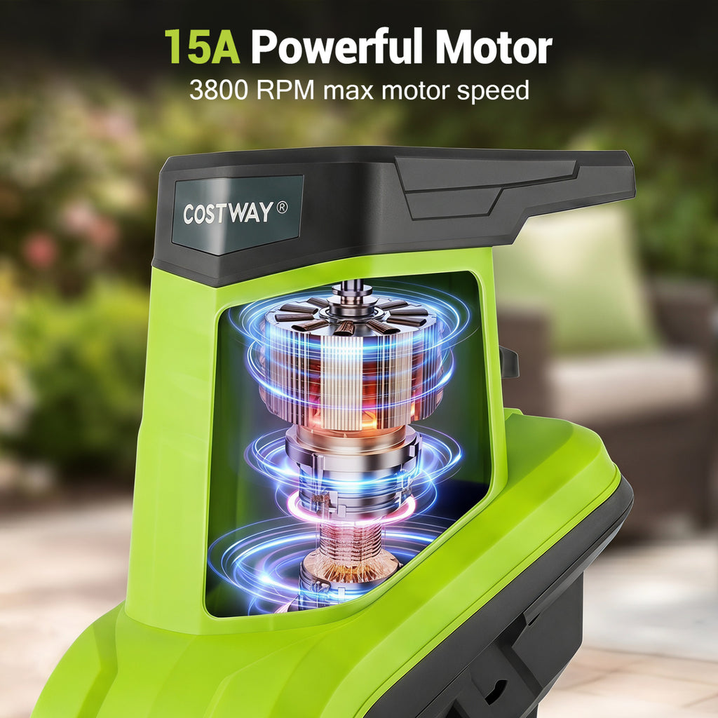 15-Amp Electric Wood Chipper Shredder Mulcher 1.8 Inch Max Cutting Diameter-Green