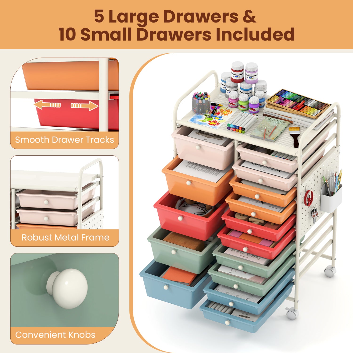 15-Drawer Rolling Storage Cart with Metal Tabletop and Pegboard-Macaron