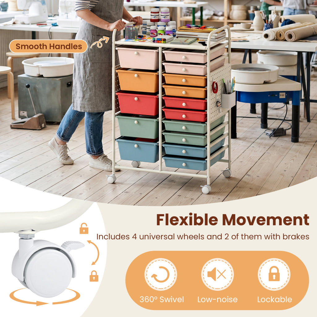 15-Drawer Rolling Storage Cart with Metal Tabletop and Pegboard-Macaron