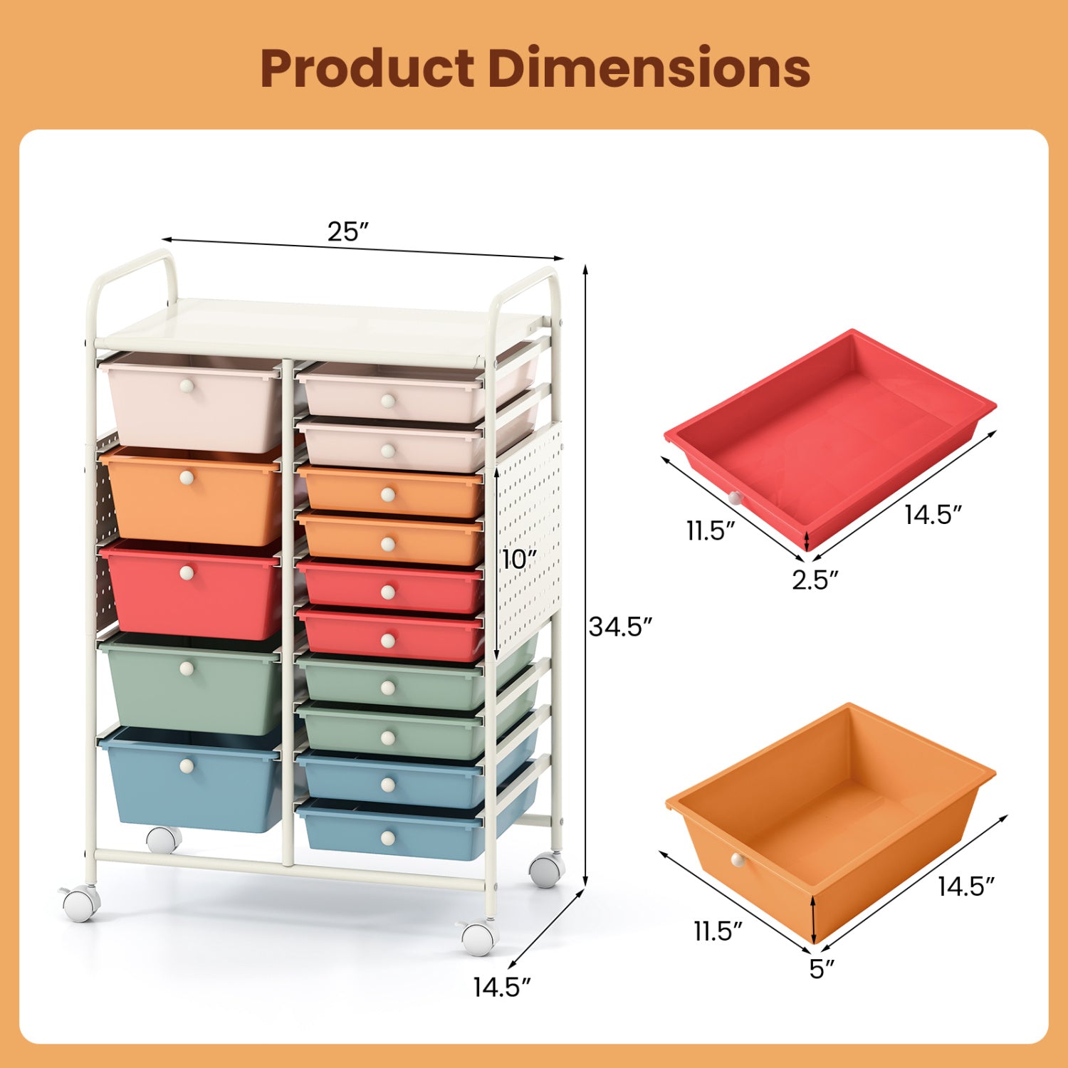 15-Drawer Rolling Storage Cart with Metal Tabletop and Pegboard-Macaron