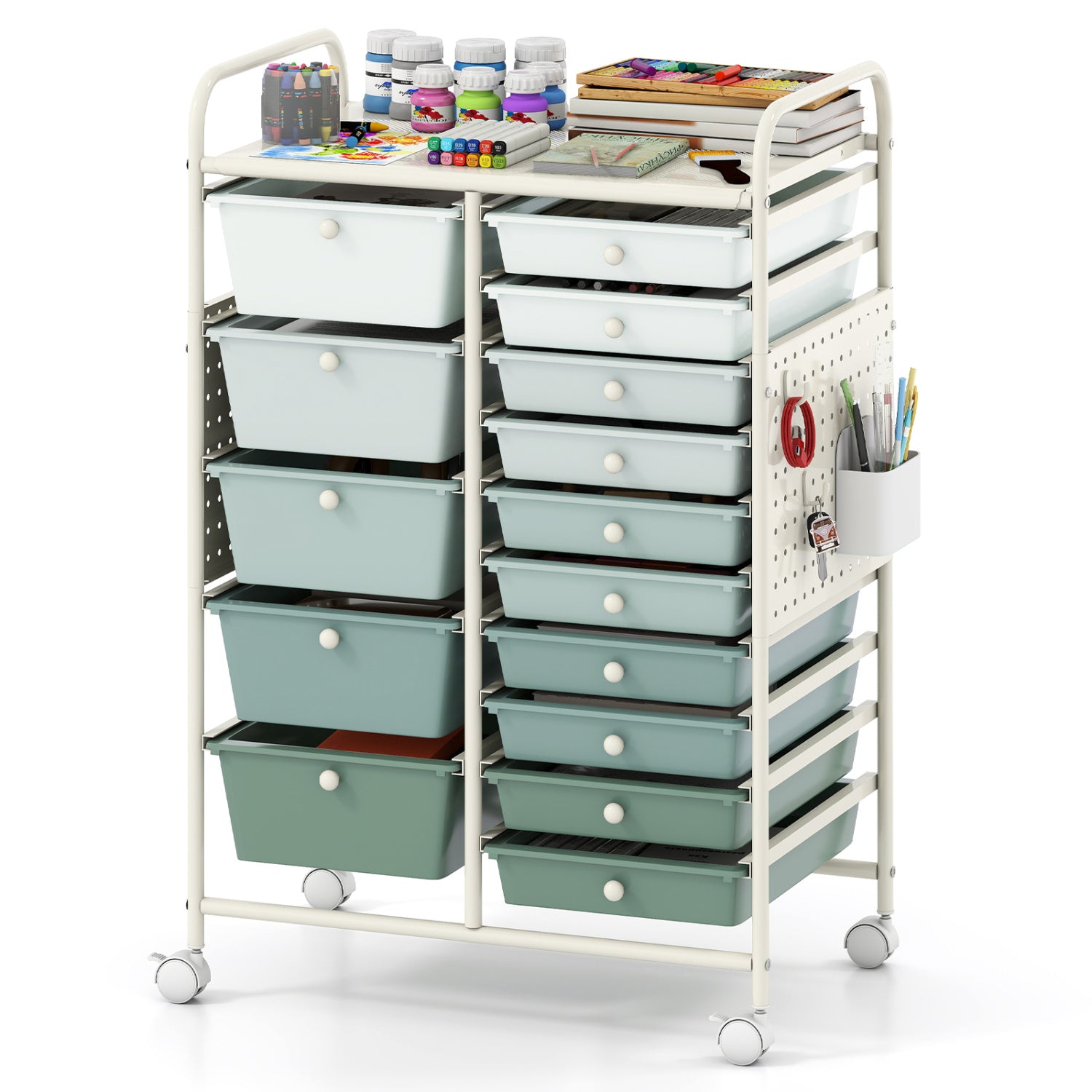 15-Drawer Rolling Storage Cart with Metal Tabletop and Pegboard-Green