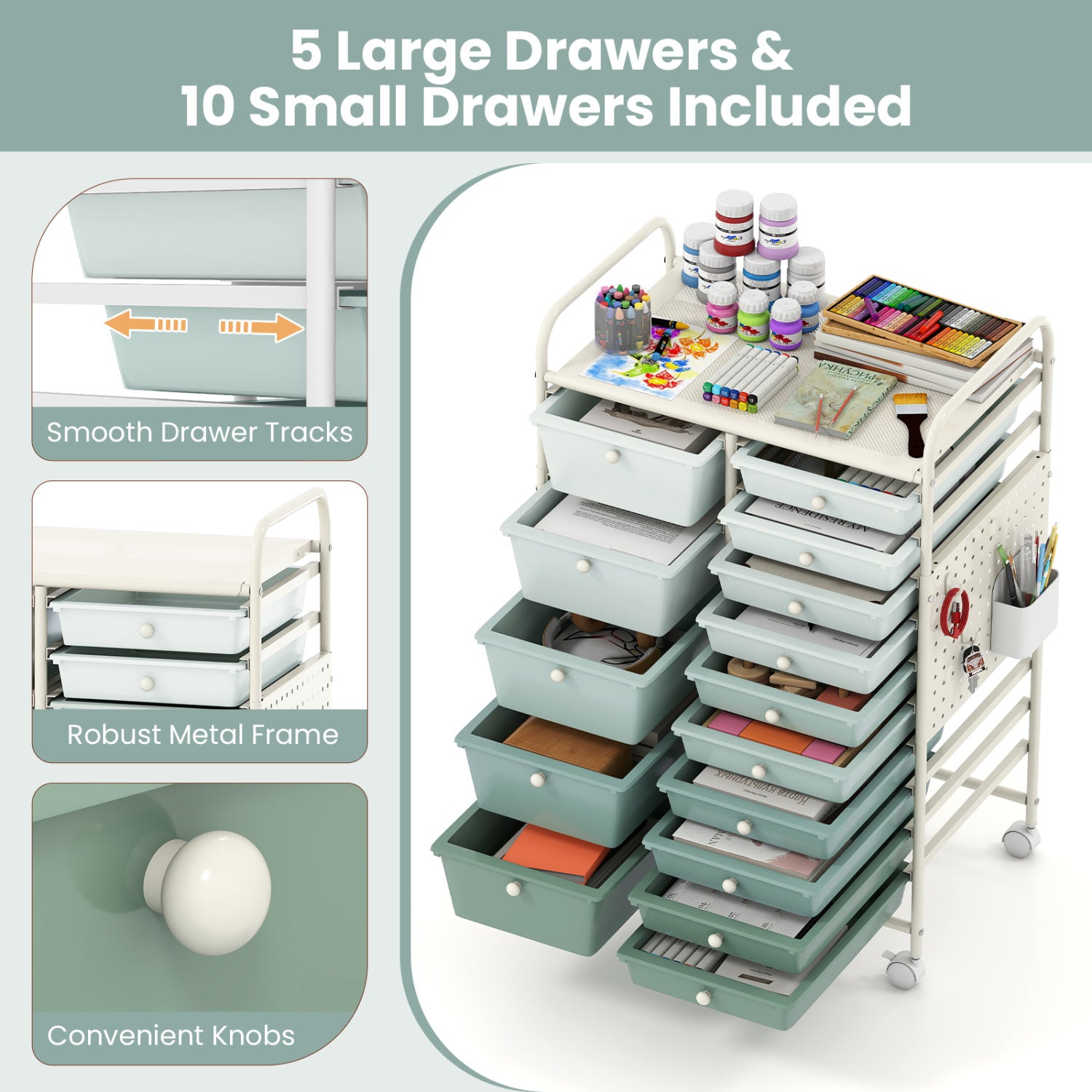 15-Drawer Rolling Storage Cart with Metal Tabletop and Pegboard-Green